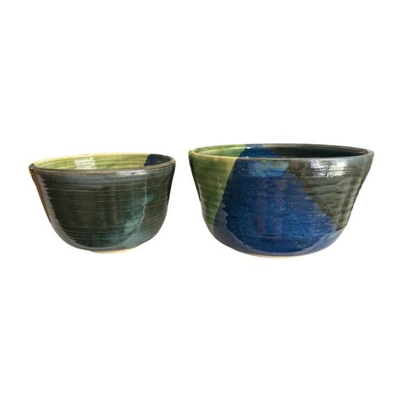 Handmade Signed Blue Green Glazed Bowls Set of 2 - Picture 4 of 10